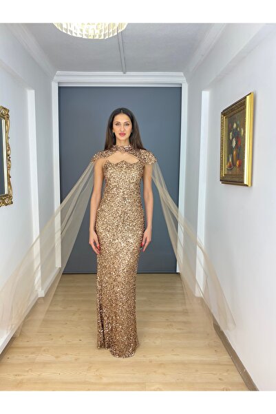 gökkuşagı moda Bakır payet straplez pelerin detaylı uzun abiye elbise