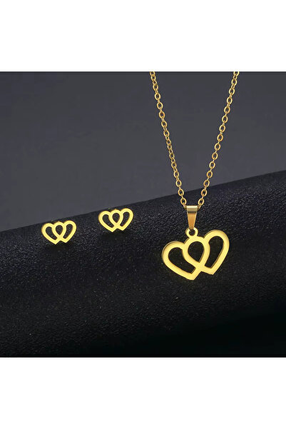 Kracer 18K Gold Plated Necklace and Earring Set, Double Heart Pattern, Stainl...