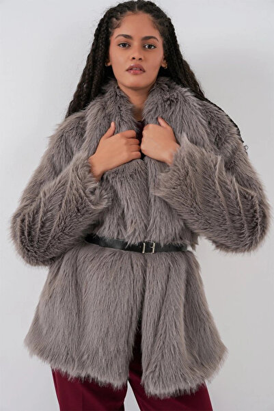 nedo7 Belted Oversized Fur Coat 9156 - Smoked