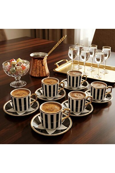 AyrStore 6 Kişilik Porselen Türk Kahvesi Fincan Takımı – Modern Siyah Beyaz Ç...