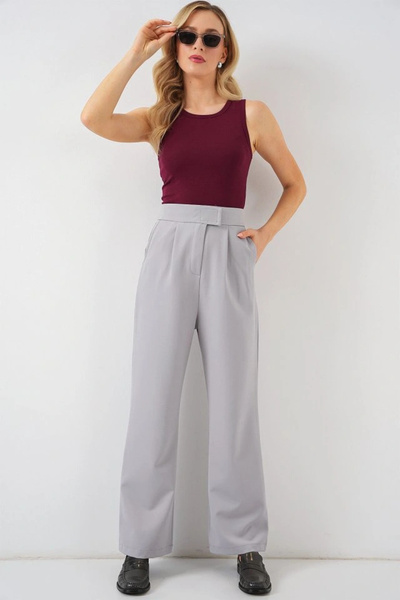nedo7 6612 High Waist Fabric Trousers - Gray
