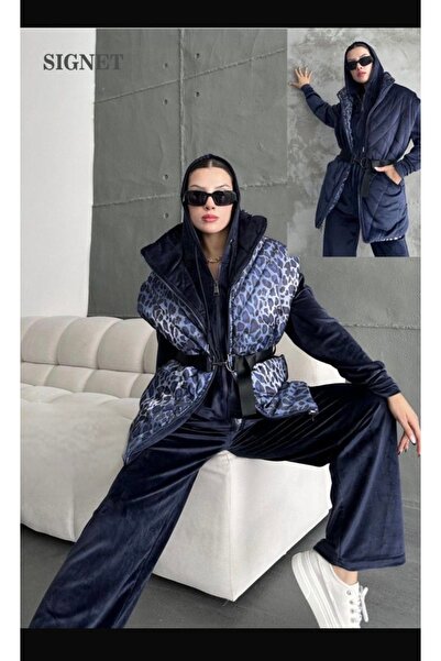 İnci Signet Leopar Desenli Çift Taraflı Yelekli Eşofman Takımı -Mavi