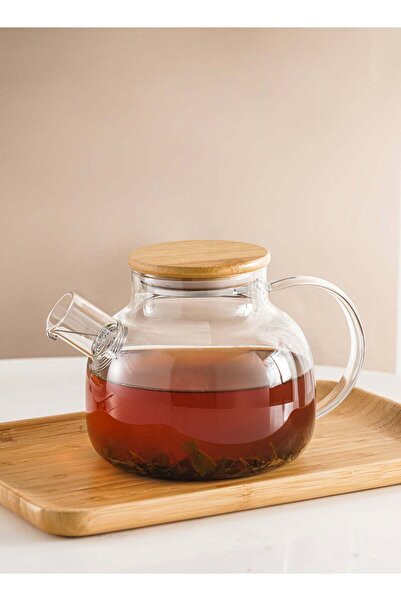 Sweet Home إبريق شاي زجاجي شفاف مع غطاء من الخيزران، سعة 1000 مل