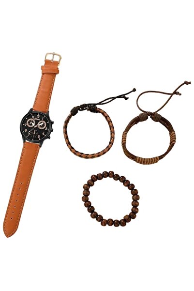 OEM Men's watch set, black dial, gold numbers, with 3 bracelets, brown