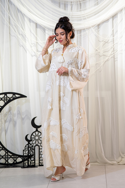 Hasnaa Abaya Ramadan jalabiya with white rose embroidery and crystal beads