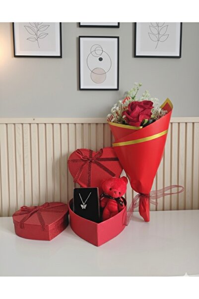 elovya Sevgililer Günü Özel Kırmızı Gül, Ayıcık ve Kalpli Kutuda Kolye Hediye...