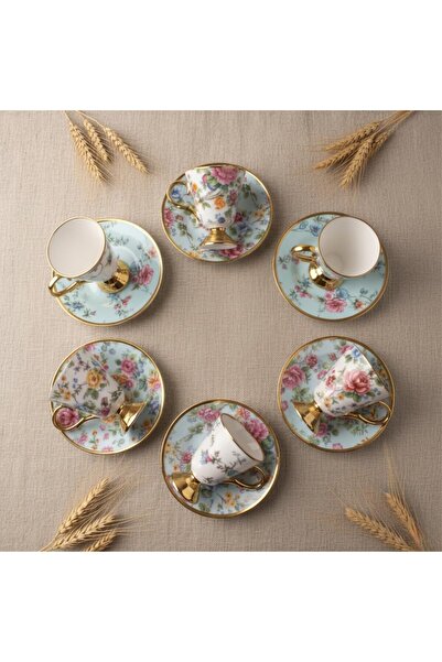 AyrStore 6 Kişilik Vintage Porselen Türk Kahvesi Fincan Takımı, Pembe Gül Des...
