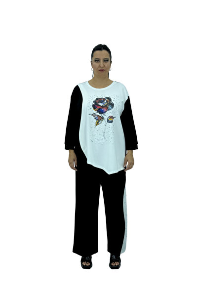 Darkmen Women's Plus Size Pearl Detailed Rose Printed Bottom Top Two Piece Set