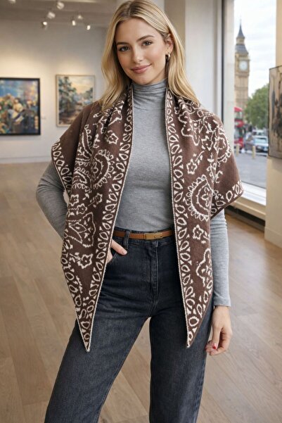 MARBERRY Brown Shawl Patterned Knitwear Triangle Shoulder Shawl 150X45 cm