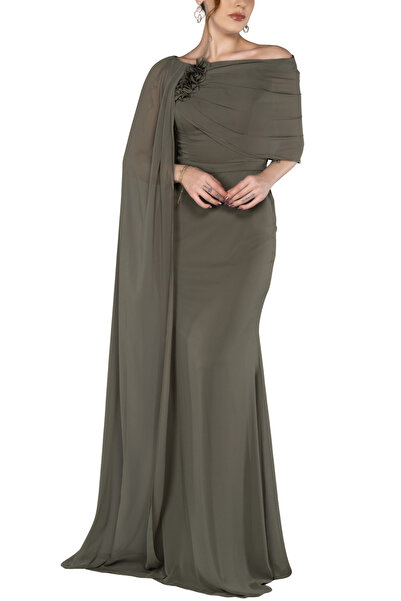 Arden Büyük Beden Uzun Abiye, Şifon Kayık Yaka Lila, Haki Zarif Düğün Abiye E...