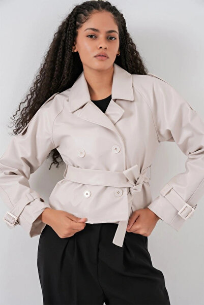 nedo7 Belted Faux Leather Jacket 1046 - Ecru