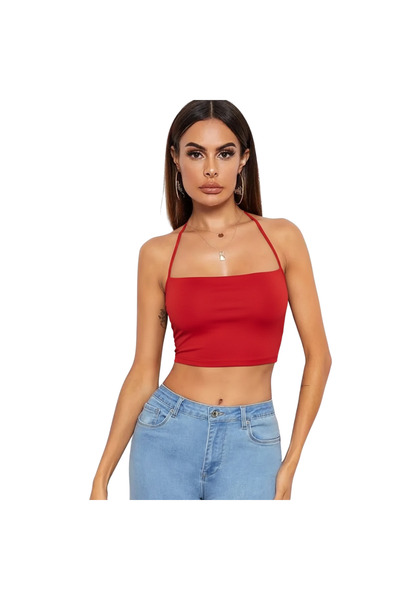 Bacio iç giyim Kadın Sırtı Açık Kırmızı Belden Bağlamalı Crop Büstiyer