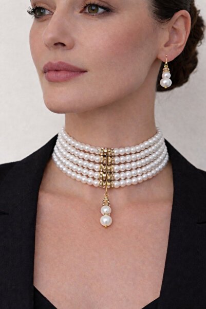 Chic Charms 5 sıra krem cam inci altın rondela choker kolye ve küpeler