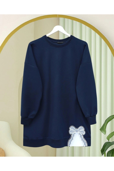 nedo7 Round Neck Skirt Bow Detailed Loose Combed Cotton Tunic - Navy