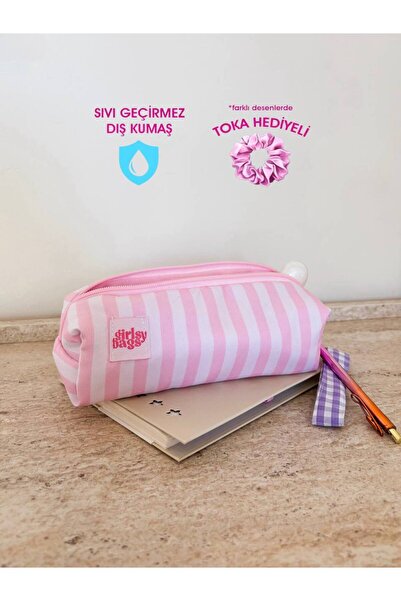 girlsybags Toz Pembe Çizgili Tek Gözlü Kalemlik Sıvı Geçirmez Yıkanabilir Fer...