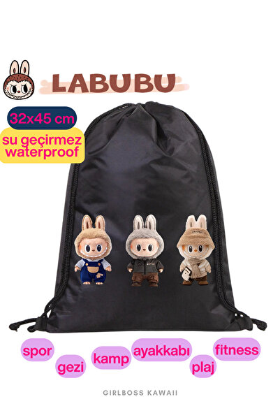 Girlboss Kawaii Labubu Waterproof Black Drawstring Bag, Suitable for All Age ...