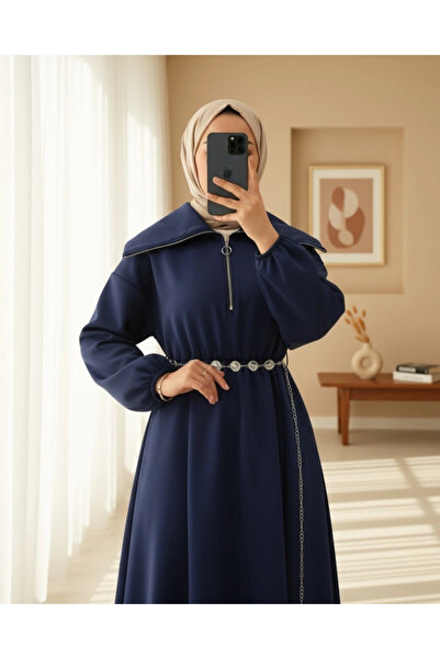 nedo7 High-Necked Half-Zippered Gathered Waist Belted Scuba Dress - Navy