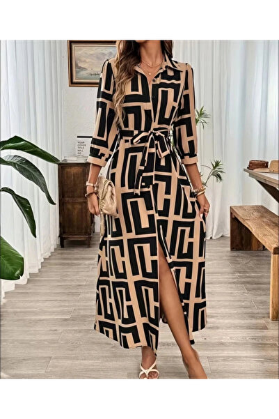 nedo7 Women's Long Sleeve Collared Front Buttoned Long Single Jersey Dress