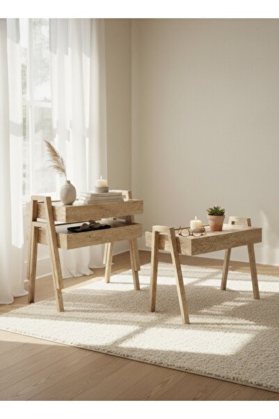 Living Wooden 3-Piece Table Set, Rectangular with Top Handles in Beige