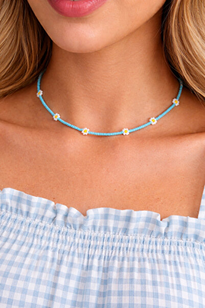 HERCY Handmade Blue Beaded Daisy Necklace – Summer & Everyday Stylish Jewelry