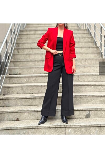 KAROL Siyah paça detaylı kemerli palazzo kumaş pantolon