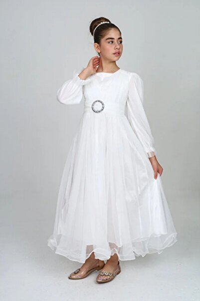 JOGCO Rochie de seară lungă, albă, cu hijab, pentru fete