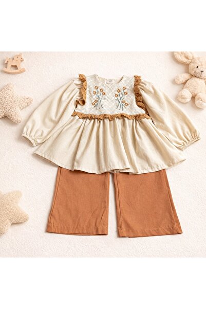 Luna Çiçek Nakışlı Fırfırlı Kız Çocuk Alt-Üst Takım