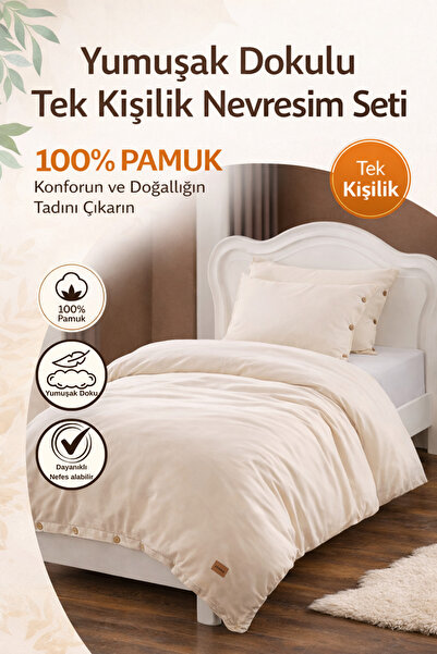 100% Cotton Natural Washed Fabric Natural Undyed Single Brown Button Duvet Cover Set