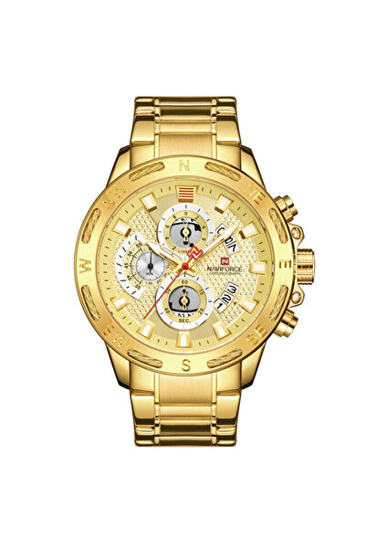Naviforce Men's Watch Analog Date Display Phosphorescent Indexes Gold