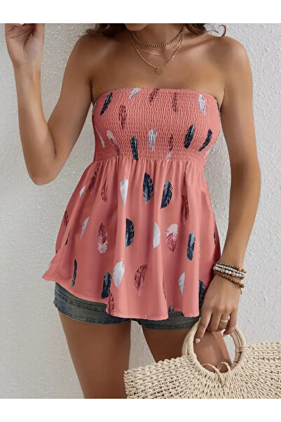 nedo7    Women's Leaf Patterned Mosskrept Strapless Blouse with Chest