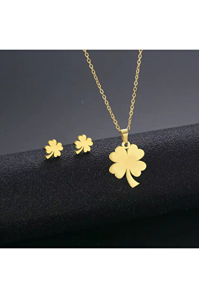 Kracer 18K Gold Plated Necklace and Earring Set, Clover Pattern, Stainless Steel