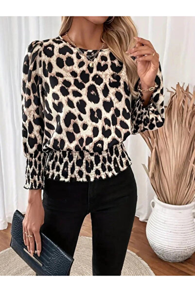 nedo7 Women's Long Sleeve Crew Neck Leopard Print Modal Blouse