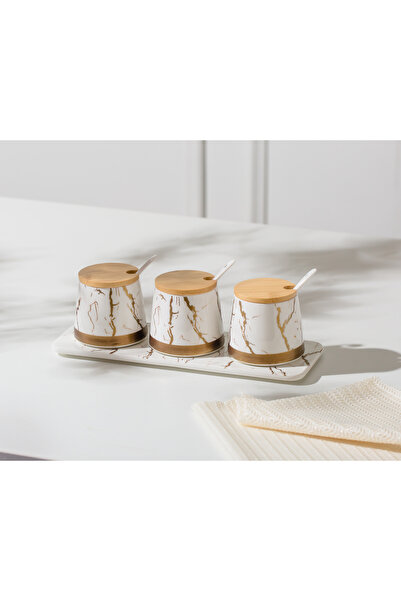 Malooki Set of 3 Porcelain Spice Containers, Bamboo Lids and Tray - Marble Co...