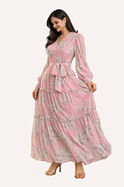 Stylish فستان ستايلش شيفون انيق مورد باللون الوردي