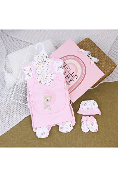 TEA1986 Set 8 haine bebelusi cu ursulet, din Bumbac 100%, roz