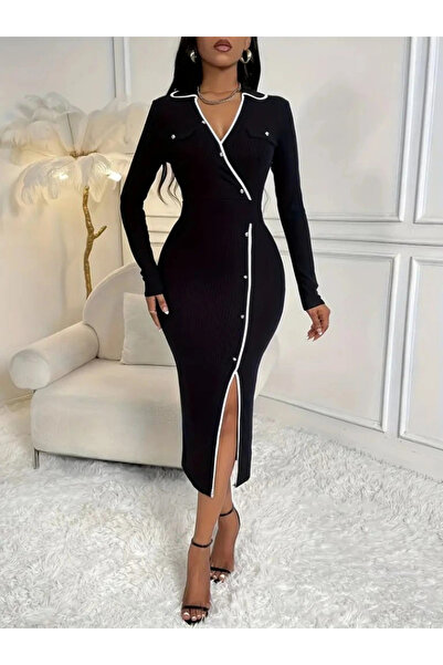 nedo7 فستان طويل نسائي بأكمام طويلة وياقة وجيب وأزرار وتفاصيل مشقوقة من قماش ...