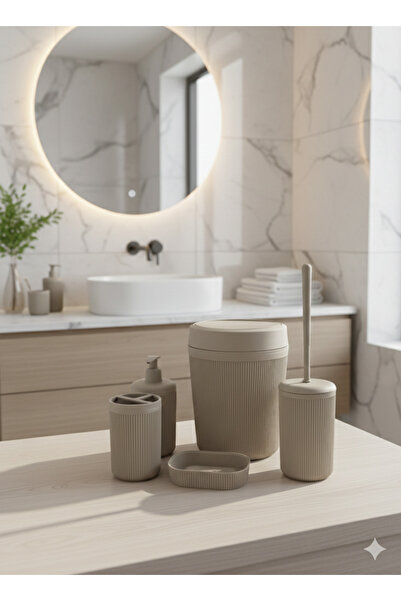 YUVAYAÖZEL Premium 5'li Banyo Seti - Vizon Çizgili Modern Tasarım