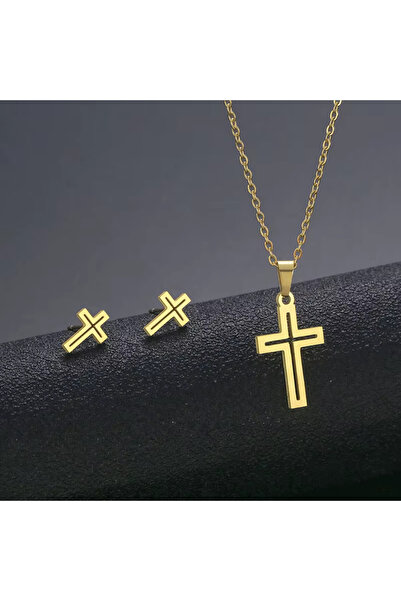 Kracer 18K Gold Plated Necklace and Earring Set, Cross Pattern, Stainless Steel