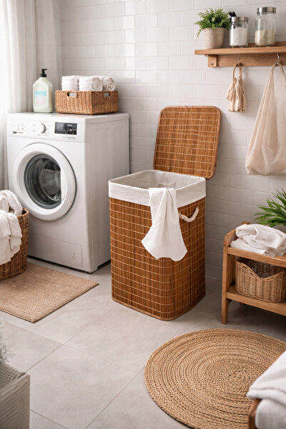 BLUE SİDE Pinterest Stil 72 L Acassia Sık Bambu Çamaşır Sepeti Organizer Sepet