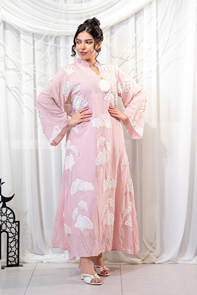 Hasnaa Abaya Ramadan jalabiya with white rose embroidery and crystal beads