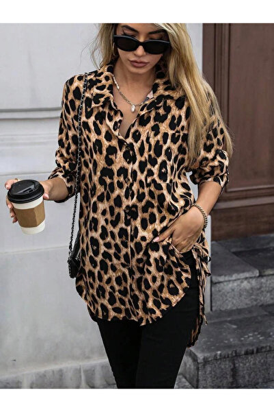 nedo7 Women's Long Sleeve Collared Front Buttoned Side Lace-Up Leopard Print ...