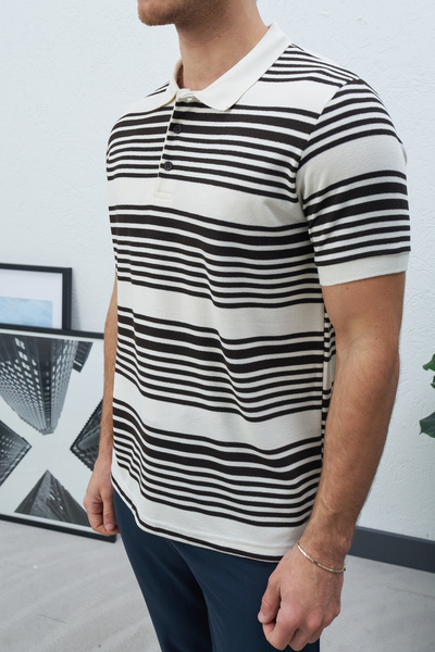 duo fideles Men's Regular Fit Cotton Soft Textured Striped Polo Neck T-Shirt