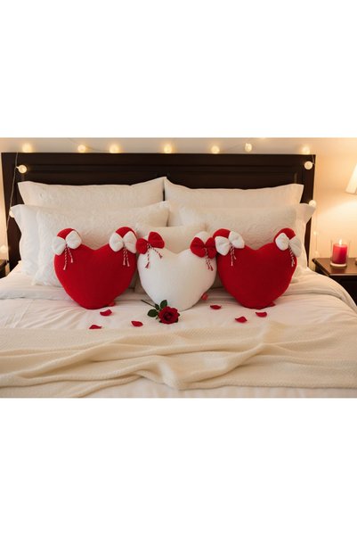 Türkühome Valentine's Day Special Heart-Shaped Decorative Throw Pillow |   With a Bow