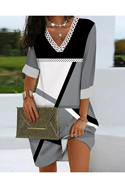 nedo7 فستان نسائي بأكمام قصيرة وياقة على شكل حرف V وطباعة هندسية