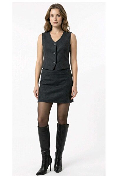 KANİKEY Kadın Kışlık Yırtmaçlı Şort Etek Antrasit