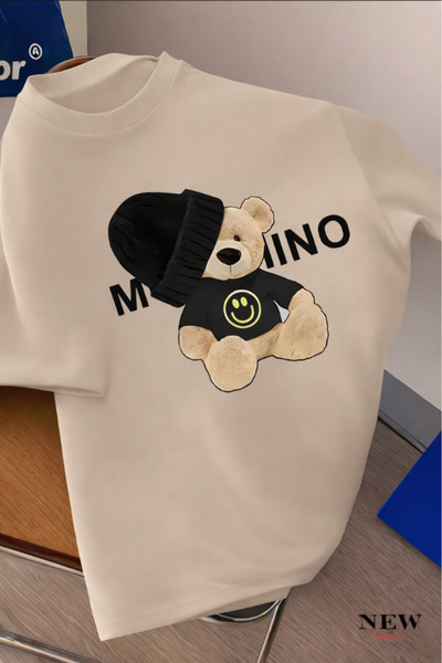 New Shine Black and White Teddy Bear Printed Oversized T-Shirt