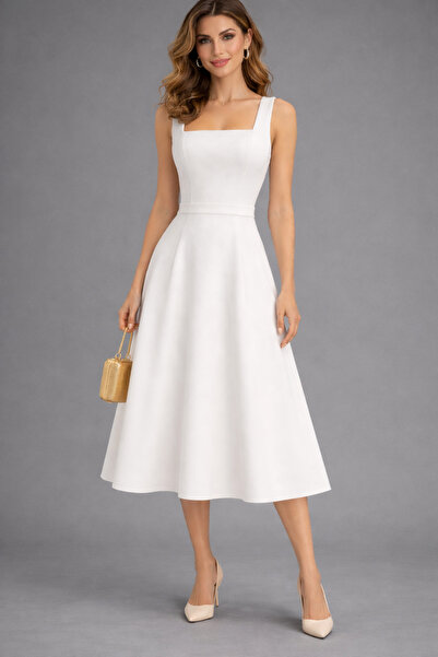 Şayse Design Kadın Elbise/Midi Boy Elbise/Abiye Elbise/Kare Yaka Elbise