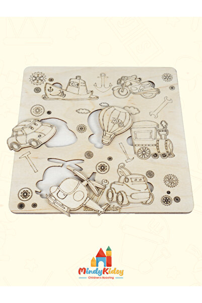 MindyKidsy Ahşap Taşıtlar Yapbozu | Montessori Eğitici Geçme Puzzle