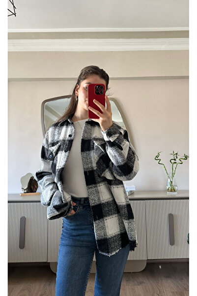 MODA Oversized Black Checkered Plaid Patterned Women's Shirt