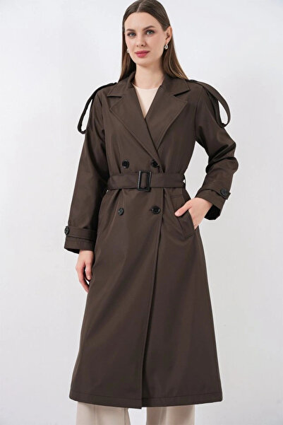 nedo7 5941 Double-Breasted Collared Long Trench Coat - Brown